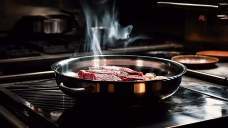 Cooking a piece of meat in a pan on a gas stoveの素材