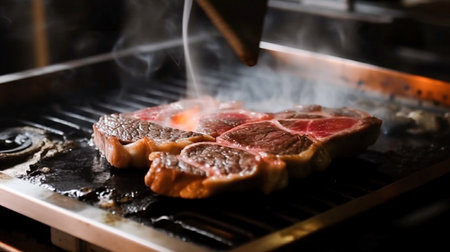Beef steak being grilled on a gas grill in a restaurant.の素材