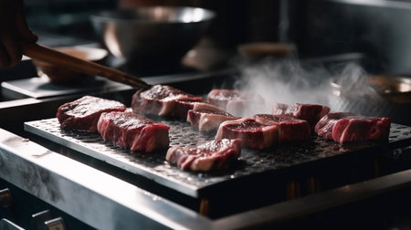 Beef sirloin being grilled on metal grill with chopsticksの素材