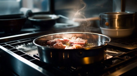 preparation of meat in a frying pan on a gas stoveの素材