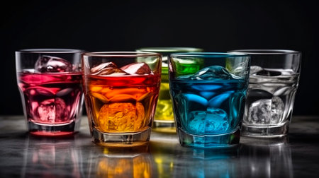 Colorful drinks in glasses on a black background. selective focus.の素材