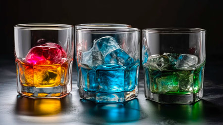 Colorful ice cubes in glasses on a dark background close-upの素材