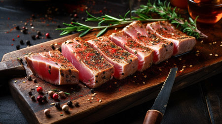 Raw tuna steak with rosemary and spices on wooden cutting board.の素材