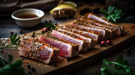 Tuna fillet with spices and herbs on a wooden board.の素材