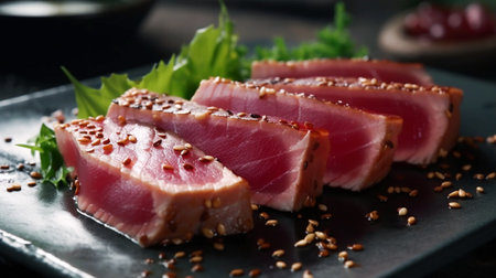 Sliced tuna with sesame seeds on a black plate.の素材