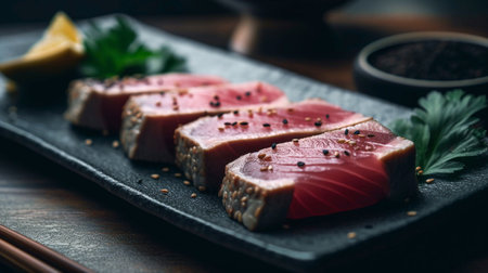 Sliced raw tuna fish with herbs and lemon on black plateの素材