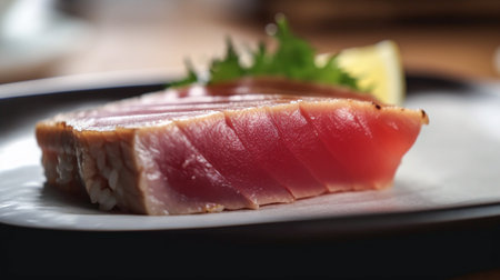 Tuna sashimi on a white plate with a slice of lemonの素材
