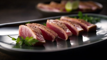 Tuna sashimi on a black plate. Japanese food.の素材