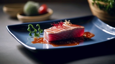 Tuna sashimi on a blue plate, japanese foodの素材