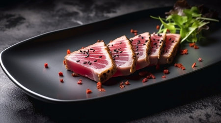 Tuna sashimi with sesame seeds on black plate.の素材