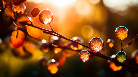 Dew drops on the grass in the rays of the setting sunの素材
