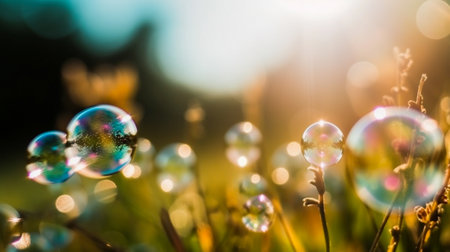 Soap bubbles on a blurred background with bokeh effect.の素材