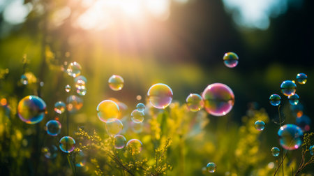 Soap bubbles on the background of the setting sun. macro.の素材