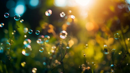 Bubbles on the grass in the sunlight. Shallow depth of fieldの素材