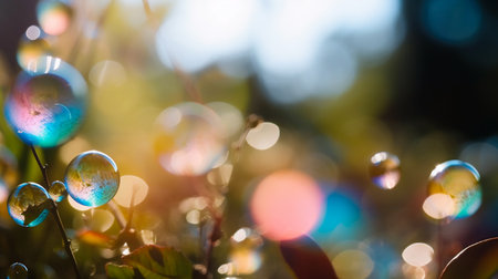 Soap bubbles with bokeh effect on green grass background.の素材
