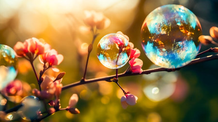 Branch of blossoming tree with colorful soap bubbles. beautiful spring backgroundの素材