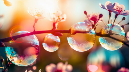 Soap bubbles on the background of blooming cherry tree in spring.の素材