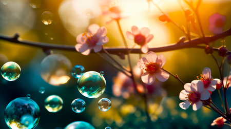 Beautiful blooming sakura flowers with soap bubbles in the sunlightの素材