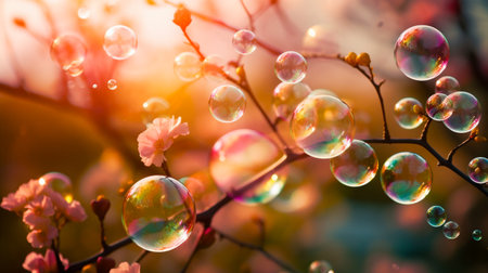 Beautiful blooming sakura flowers with soap bubbles in the sunlightの素材