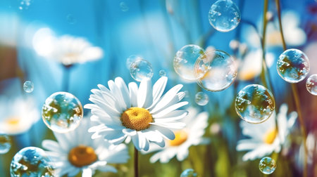 White daisies and soap bubbles on background of blue sky.の素材