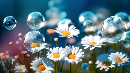 Beautiful daisies in the meadow with soap bubbles.の素材