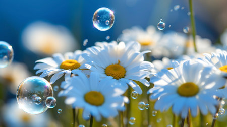 Camomile flowers and soap bubbles. Beautiful nature scene with blooming daisiesの素材
