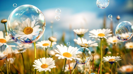 Spring meadow with daisies and soap bubbles. nature backgroundの素材