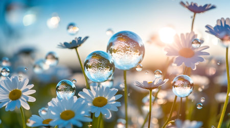 Summer meadow with daisies and water drops. nature backgroundの素材