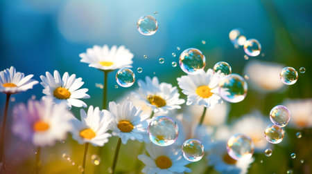 White daisies and soap bubbles on a background of blue skyの素材
