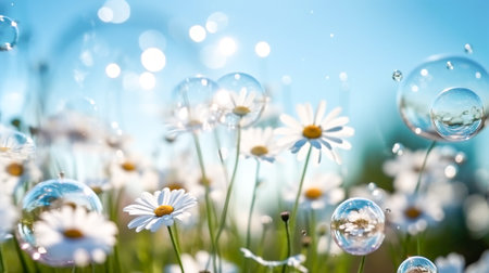Beautiful daisies and soap bubbles on the meadow. nature backgroundの素材