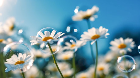 White daisies and soap bubbles on the background of blue skyの素材