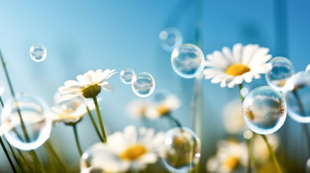 White daisies and water bubbles on blue sky background. copy spaceの素材