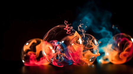 Halloween pumpkins with colorful smoke on black background. copyspace.の素材