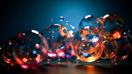 Colorful soap bubbles on dark background. Shallow depth of field.の素材