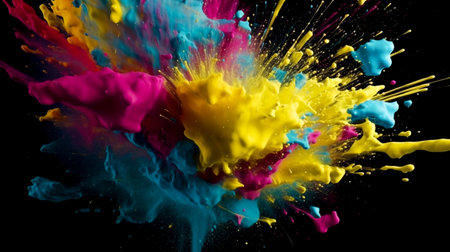 Colorful splashes of paint isolated on black background. abstract backgroundの素材