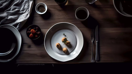 Table setting for breakfast with croissants and strawberries on wooden tableの素材