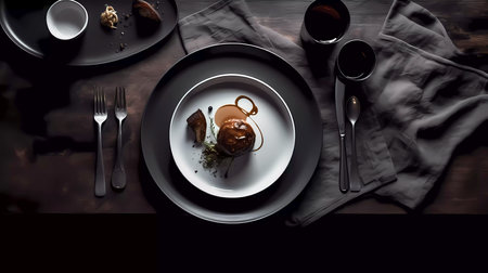 Chocolate cake on a black plate with fork, knife and spoonの素材