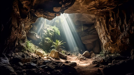 A ray of light at the end of the cave. Generative AI technology.の素材