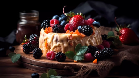 Berry cake with wrapped cream and fresh berries on a dark background. Generative AI technology.の素材