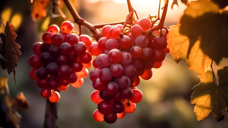 A branch of red grapes against a bright sun. Generative AI technology.の素材