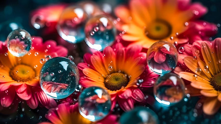 Bright colored flowers with soap bubbles. Natural background. Generative AI technology.の素材