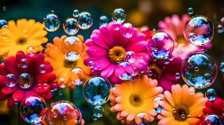 Bright colored flowers with soap bubbles. Natural background. Generative AI technology.の素材
