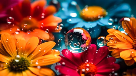 Colorful flowers with water drops close up. Natural floral background.の素材