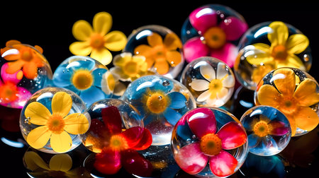 Bright colored flowers with soap bubbles. Natural background. Generative AI technology.の素材