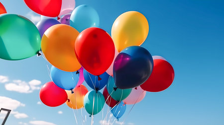 Colored balloons on the background of the blue sky. Generative AI technology.の素材