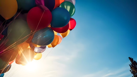 Colorful balloons flying in the blue sky with sun rays and cloudsの素材