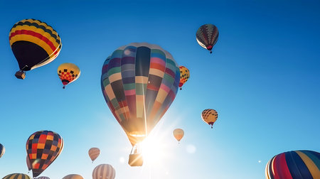 Colorful balloons with a gondola illuminated by the sun. Generative AI technology.の素材