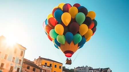 Colorful balloons with a gondola illuminated by the sun. Generative AI technology.の素材