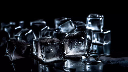 Ice cubes on a black surface. Generative AI technology.の素材