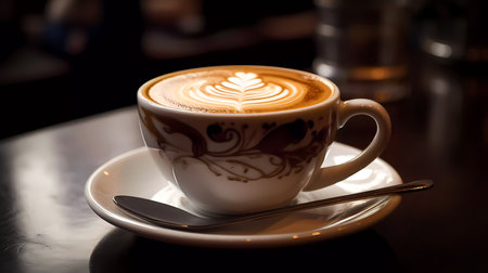 Coffee cup with latte art on the wooden table.の素材